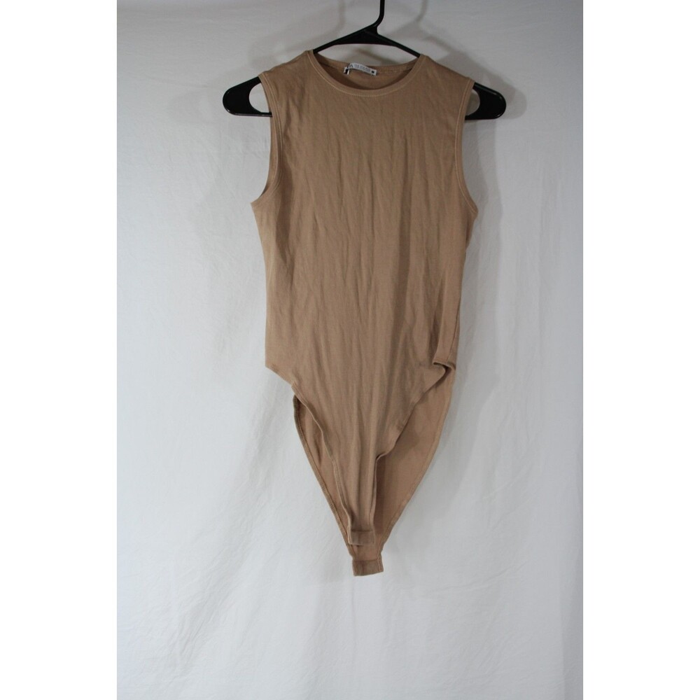 ZARA Women's Tan/Nude Sleeveless Ribbed Stretch One Piece Body Suit Medium Snap
